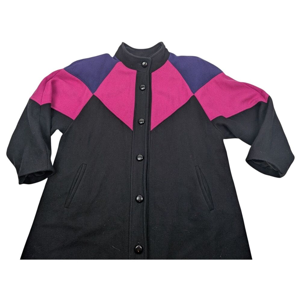 KOMITOR Vintage 80s Women’s 16W Coat Wool‎ Color Block Button Up Long Overcoat